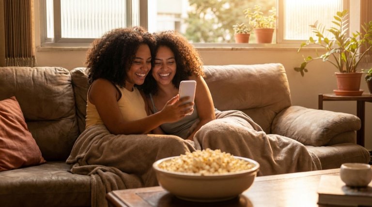 Dva přátelé se společně dívají na film na svých mobilních telefonech.