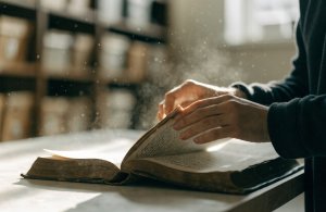 Mãos folheando um livro antigo de registros em uma mesa de arquivo