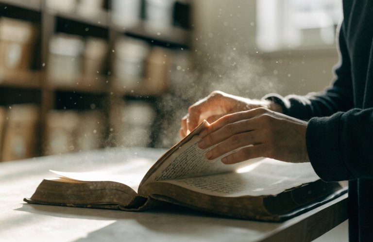 Unas manos hojean un viejo libro de registro sobre una mesa de archivo.