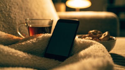 Celular apoiado em uma manta no sofá em noite aconchegante