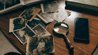 Fotografias antigas de família sobre a mesa ao lado de uma lupa