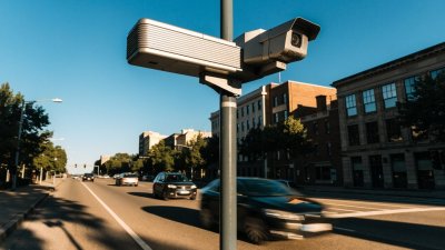 Hệ thống radar cố định được lắp đặt trên một cột phía trên đại lộ.
