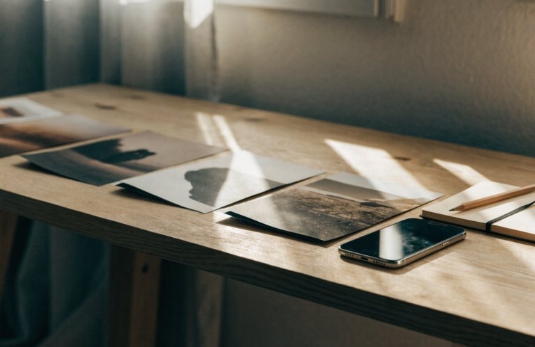 Fotos impressas em fila sobre a mesa ao lado do celular