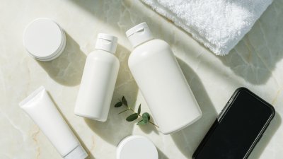 Бели бутилки и буркани без етикети, сгъната кърпа и клонка от евкалипт върху мраморна повърхност.