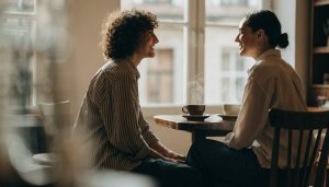 Duas pessoas sentadas frente a frente numa mesa de café, conversando e sorrindo