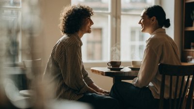 Duas pessoas sentadas frente a frente numa mesa de café, conversando e sorrindo