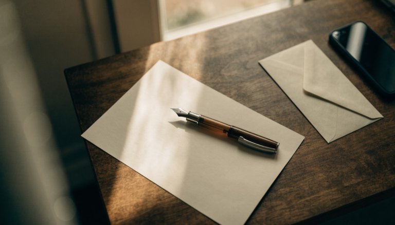 Pusta kartka papieru z wiecznym piórem i kopertą na drewnianym stole.