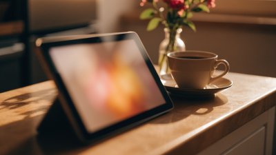 Tablet apoiado no balcão da cozinha ao lado de uma xícara de café e um vaso de flores