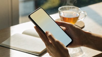 Mãos segurando um celular sobre a mesa, com caderno aberto e xícara de chá ao lado