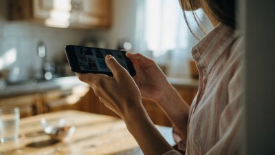 На кухонном столе лежат руки, держащие мобильный телефон с открытой фотогалереей.