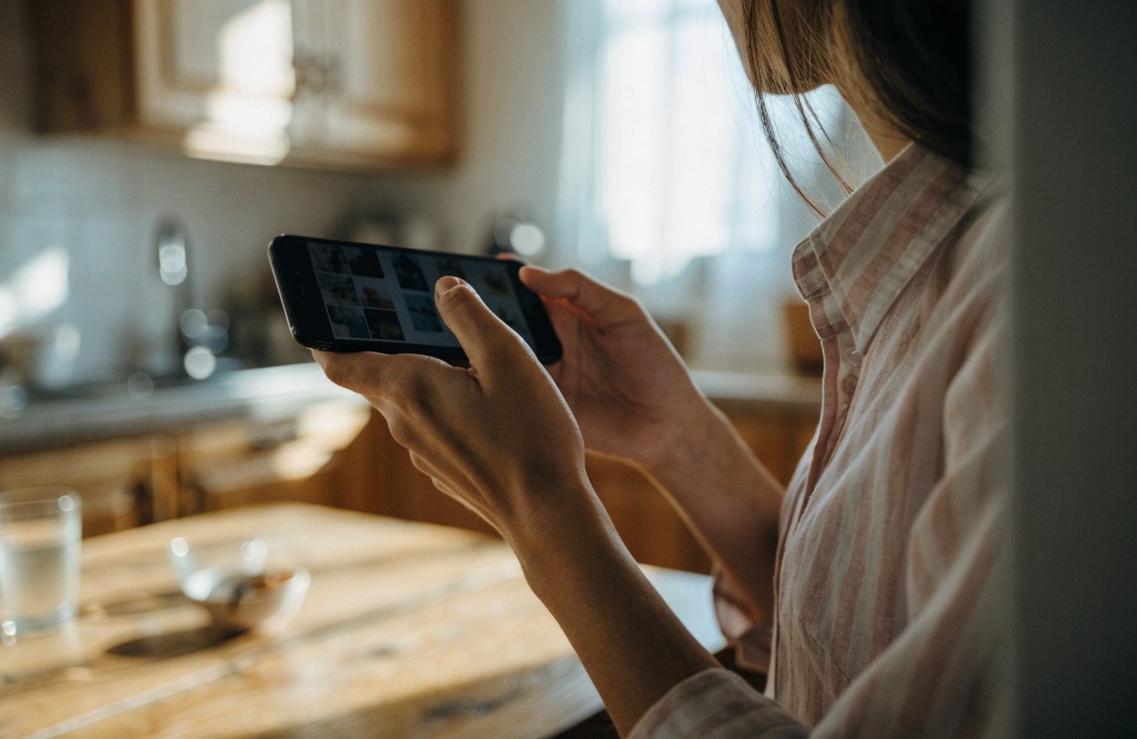 キッチンテーブルの上に、写真ギャラリーを開いた携帯電話を持った手。