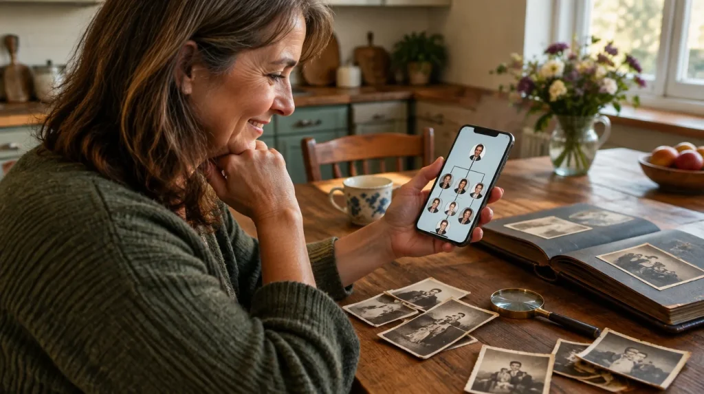 Mulher olhando a árvore genealógica no celular ao lado de fotos antigas da família