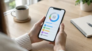 Des mains tenant un téléphone portable affichant un graphique circulaire présentant une analyse du stockage à l'écran.