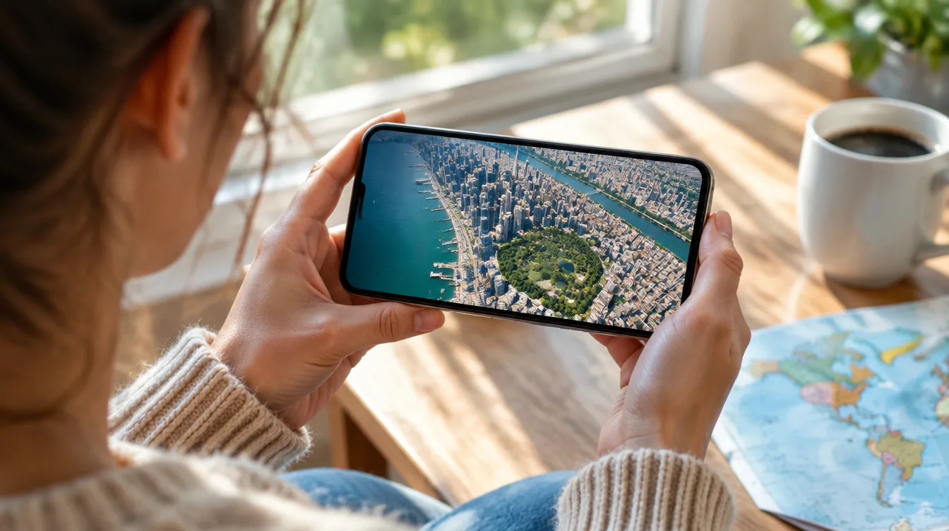 Pessoa segurando o celular com a vista aérea de uma cidade com prédios, rio e parque